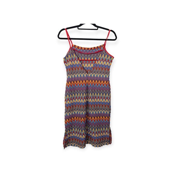 Vintage Y2K Eye Candy Zigzag Multicolor Knit Midi Dress With Red Spaghetti Strap - Picture 6 of 11